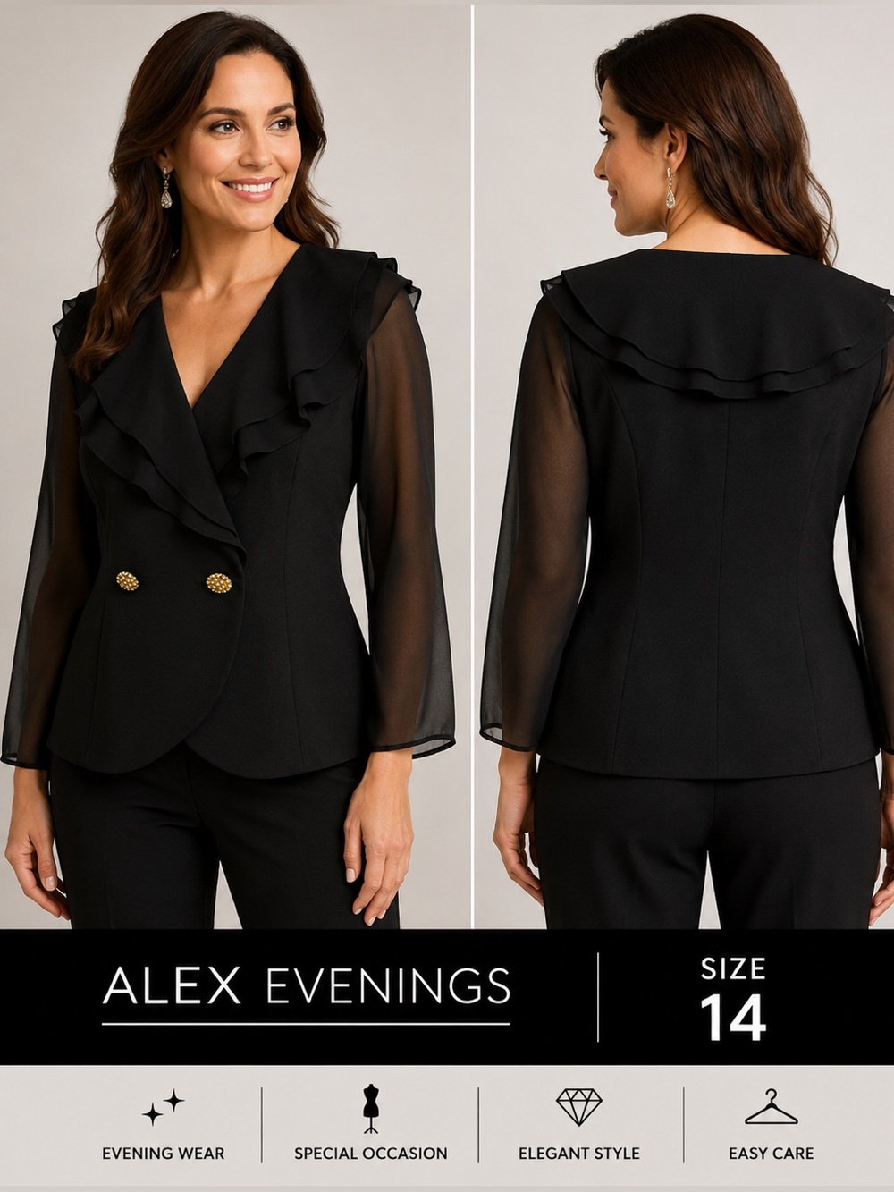 Alex Evenings Size 14 Black Sheer Ruffle Rhinestone Button Evening Jacket